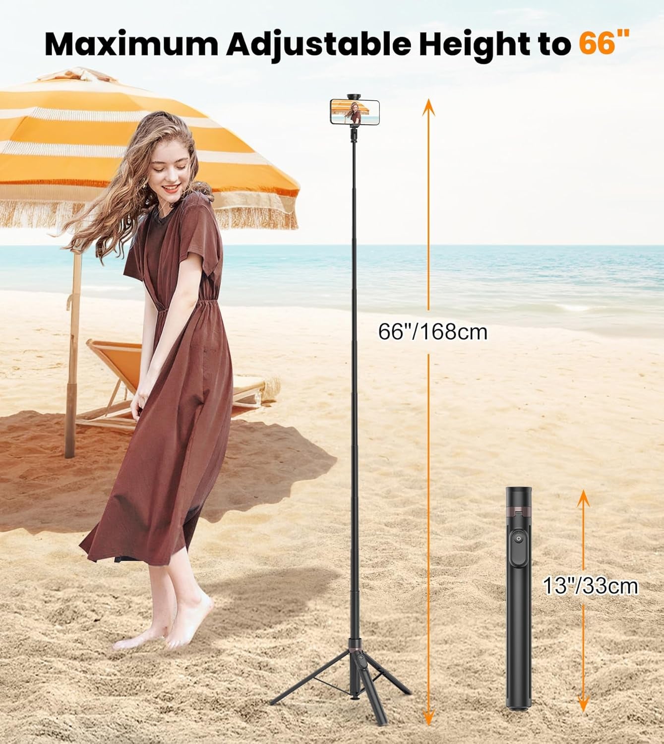 66" Automatic Tripod,Auto-Open Phone Tripod Stand with Magnetic Rechargable Remote,Selfie Stick Tripod 360° Vertical & Horizontal Rotatable,Stable Travel Tripod for Iphone/Android(Black)