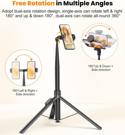 66" Automatic Tripod,Auto-Open Phone Tripod Stand with Magnetic Rechargable Remote,Selfie Stick Tripod 360° Vertical & Horizontal Rotatable,Stable Travel Tripod for Iphone/Android(Black)