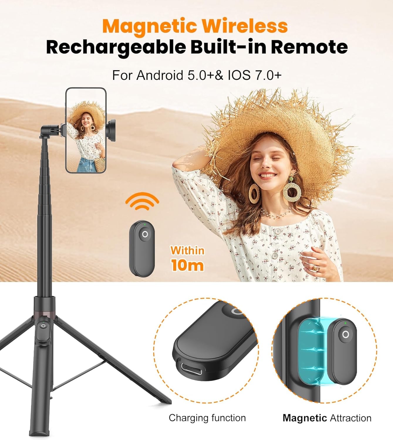 66" Automatic Tripod,Auto-Open Phone Tripod Stand with Magnetic Rechargable Remote,Selfie Stick Tripod 360° Vertical & Horizontal Rotatable,Stable Travel Tripod for Iphone/Android(Black)