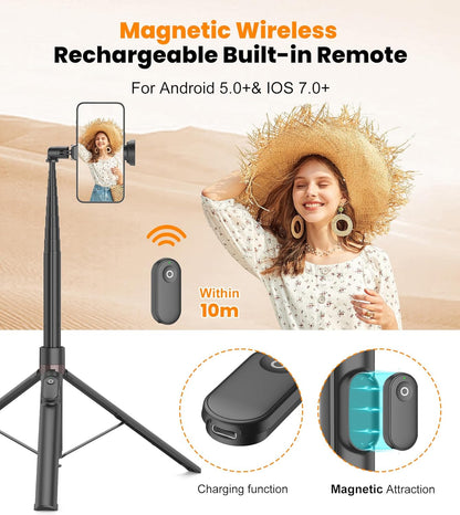 66" Automatic Tripod,Auto-Open Phone Tripod Stand with Magnetic Rechargable Remote,Selfie Stick Tripod 360° Vertical & Horizontal Rotatable,Stable Travel Tripod for Iphone/Android(Black)